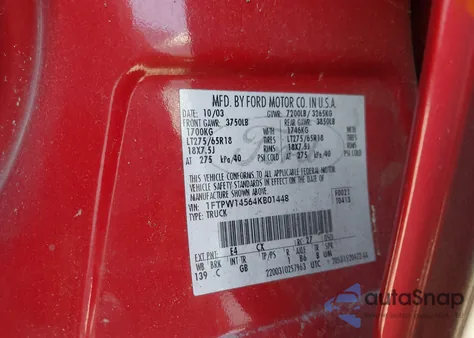 2004 Ford F-150 Fx4/Lariat/Xlt z USA, uszkodzony, nr VIN 1FTPW14564KB01448